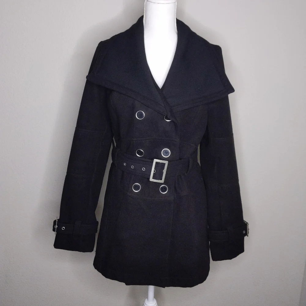 G by Guess Black Peacoat Women’s Large | Oversized Collar Belted Wool Blend Coat - Picture 2 of 10